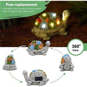 Solar Garden Statue Turtle Figurine with Succulent and 7 LED Lights - Lawn Decor